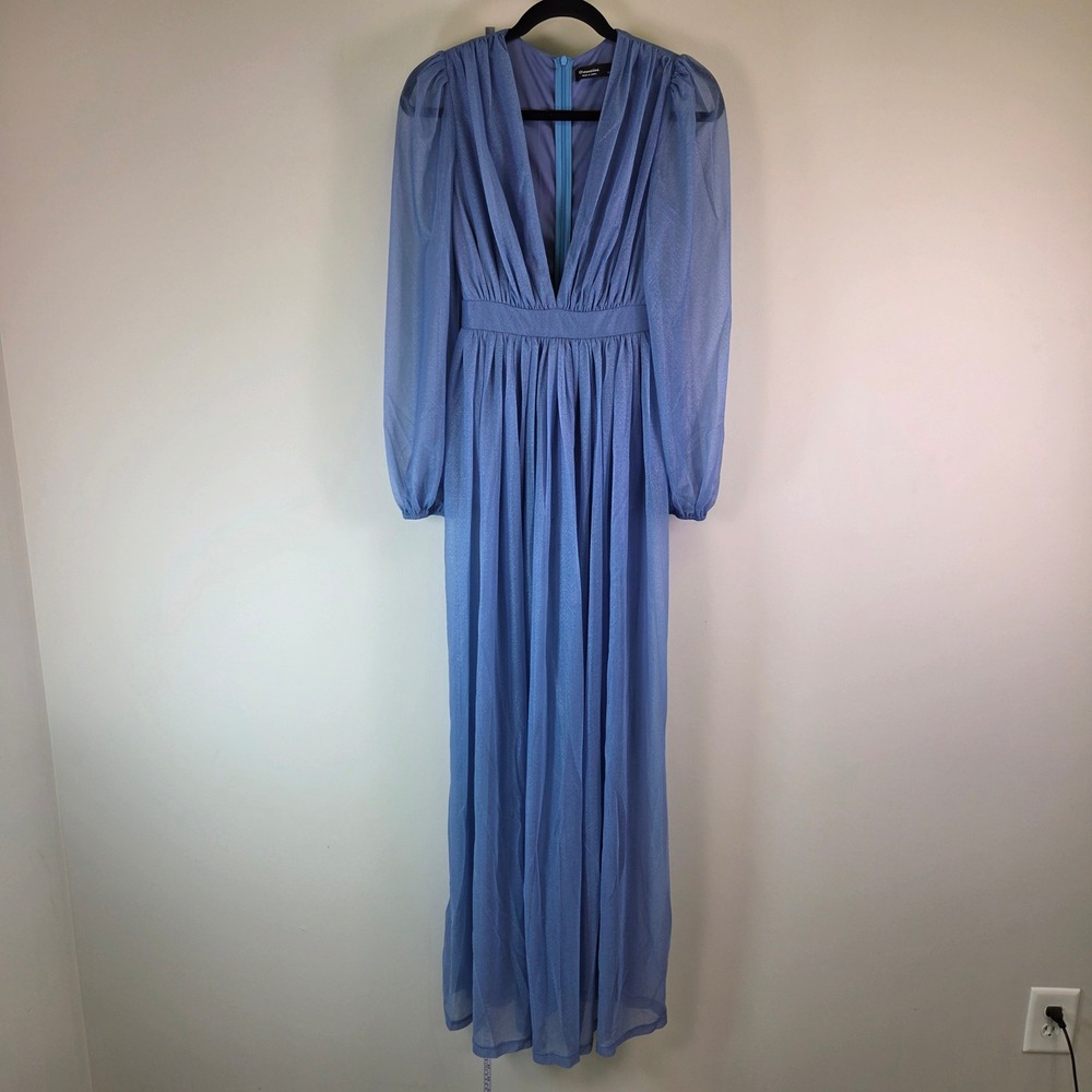 Dressalisa Blue Shimmer Deep V-Neck Long Sleeve Pleated Maxi Gown XS